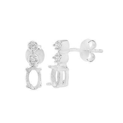 925 Sterling Silver Oval Earring Mount (To fit 6x4mm gemstone) Inc. 0.06cts White Zircon Brilliant Cut Round 1.25mm - 1 Pair