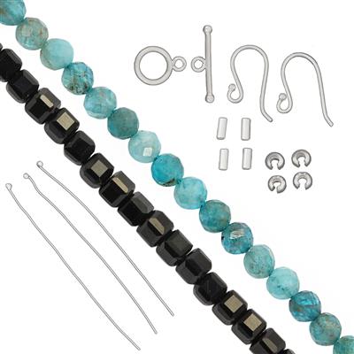 Silent Night - Natural Neon Apatite 3mm Faceted Rounds, Black Spinel Faceted Cubes 2mm & 925 Sterling Silver Findings Pack