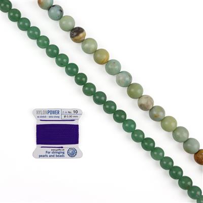 Knotted Round Beads - Green Aventurine Plain Rounds , Multi-colour Amazonite Plain Rounds , Purple Nylon Cord 0.9mm