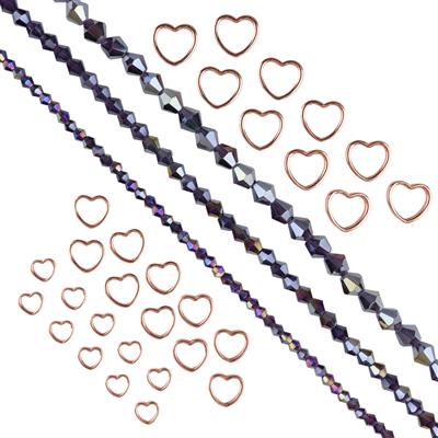 Violet Love! Red Plated Base Metal Heart Shaped Halo Beads, 4/6 & 8mm & Purple AB Coated 
