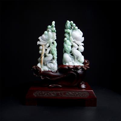  3264 Carats Royal Cranes in Jade Type A Jadeite Carving on a Hand Carved Wooden Base 