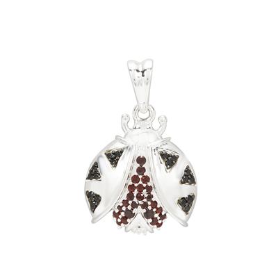 Spring At Chestnut Close By Mark Smith: 925 Sterling Silver Ladybird ( D-22mm W-14mm) With 0.32cts Black Spinel, Garnet & White Topaz Pave Charm