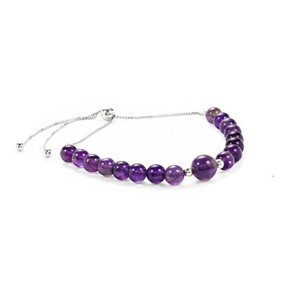 23cts Amethyst Smooth Round, Approx 5 - 8mm 925 Sterling Silver Slider Bolo Bracelet 10Inch.