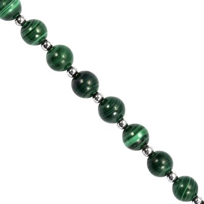 95cts Malachite Plain Rounds, Approx 7 to 8mm, 20cm Strand with Hematite Spacers 