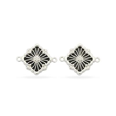 925 Sterling Silver Clover Connector With Black Spinel, Approx 25x19mm 2pcs