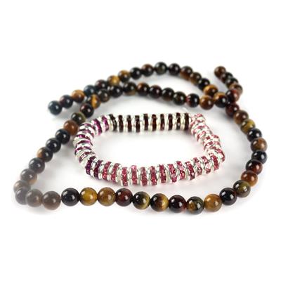 Sparkly Rondelle Bumper Packs - Silver Pltd Spacer Beads with Light Pink , Pink & Rose Stones, Approx 7mm 100cts Mixed Colour Tiger Eye Plain Rounds