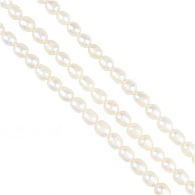 3 x 38cm Strands White Freshwater Cultured Rice Pearls, Approx 8-9mm 