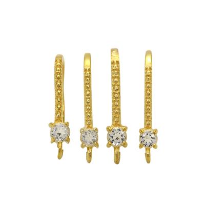 Gold Plated 925 Sterling Silver Earrings with Open Jump Ring and 3mm Round White Topaz, (Pair of 2)