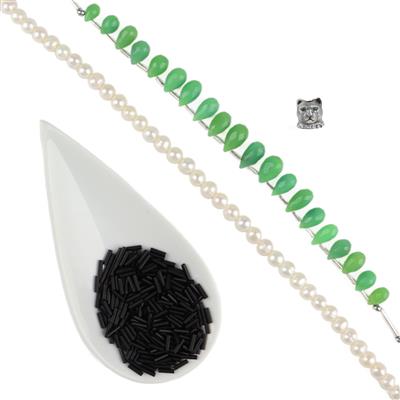 Panthere Tassel Necklace Kit, including 925 Panther Tassel Cap, Chrysoprase Drops, Pearls 