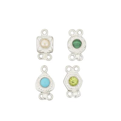 925 Sterling Silver Box Clasp Bundle with White Freshwater Cultured Pearl, Peridot & Malachite, Sleeping Beauty Approx 14x7mm, 4pcs