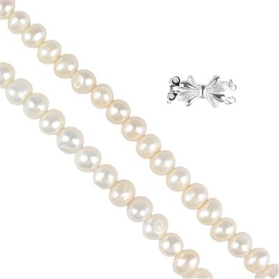 Pearl Gift -925 Sterling silver Bow Clasp, Freshwater Cultured Potato Pearls 7-8mm 