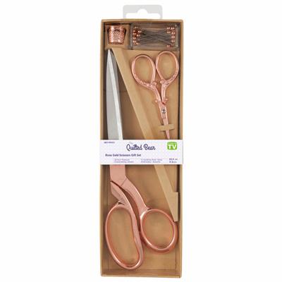 Rose Gold Scissors Gift Set: 21cm Shears, 9.5cm Embroidery Scissors, Thimble & Pins