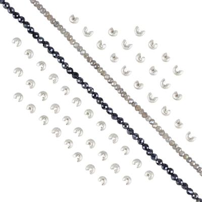 Stardust Shimmer! - Diamond Coated Labradorite & Black Spinel Faceted Round, 3mm & Silver Plated Base Metal Stardust Crimp Bead Covers (50pk)