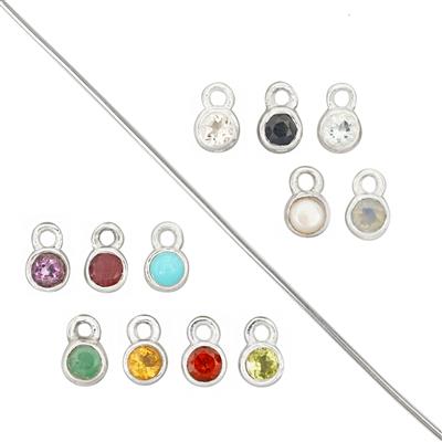 A Year Of Charms - 925 Sterling Silver Birthstone Charms Set & 1mm 925 Sterling Silver Wire, 30cm 