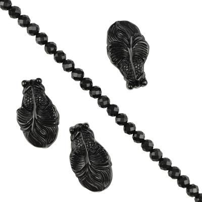 180cts Type A Black Jadeite Guppies, Approx 18x32mm, 3pcs & Type A Black Jadeite Faceted Rounds Approx 6mm, 38cm Strand