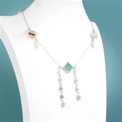 925 Sterling silver Clover Necklace with Amazonite & Mother of Pearl, Approx 10x10mm, 20Inch 