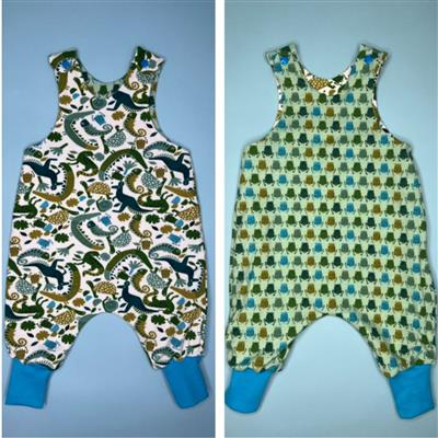 Little Miss Get Stitching Reversible Romper Bundle (pattern half price) - Frogs on green and reptiles on white