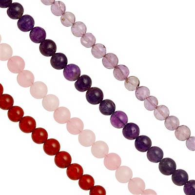 295cts Purple Amethyst, Pink Amethyst, Carnelian, Rose Quartz Plain Round Approx 5 to 6mm  32cm Strand (Pack of 4)