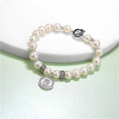 925 Sterling Silver Letter Mother of Pearl Charms with Beaded Mount, Approx 15mm