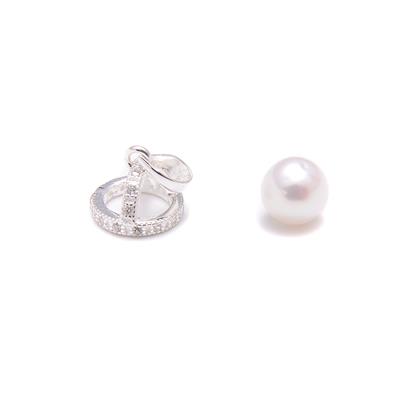 925 Sterling Silver with CZ Orb Bail with Approx 6mm White Near Round Pearl, 1pcs