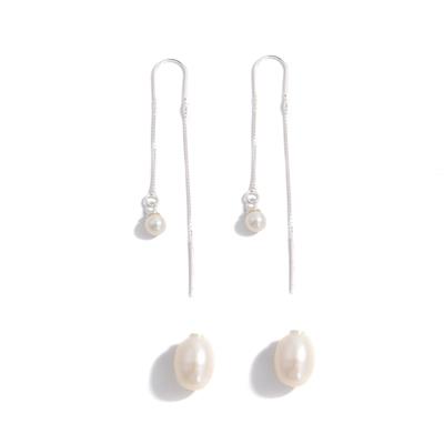925 Sterling Silver Pull Through Earrings With x2 White Freshwater Cultured Near Round Pearls Approx 4mm & 2x 8x10mm 1 Pair 