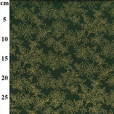 100% Cotton Gold Holly Leaves on Green 0.5m