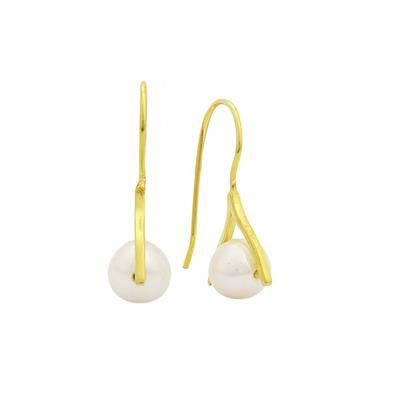 Gold Plated 925 Sterling Silver Pinch Bail Earrings with 8mm White Cultured Pearls, Approx 28x8mm
