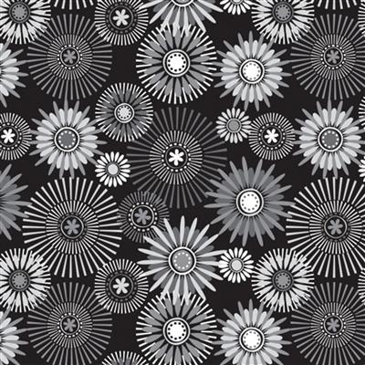 Grayscale Flower Heads Black Extra Wide Backing Fabric 0.5m (274cm Width)