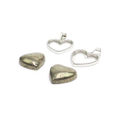 925 Sterling Silver Heart Bezel Pendants Approx 17x21mm (2pcs) & Pyrite Heart Cabochon (2pcs) Approx 14x15mm