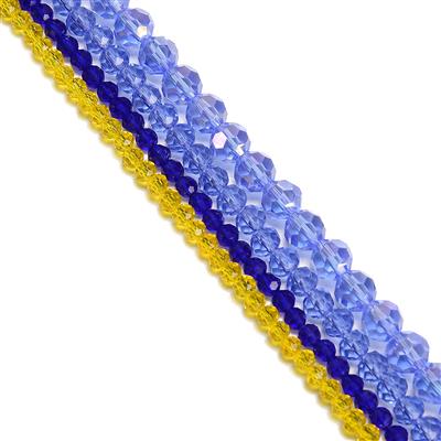 AB Coated Blue Faceted Glass Rounds Approx 8mm, Light Blue Glass Rondelles Approx 6mm, Dark Blue and Gold Glass Rondelles Approx 4mm, all 38cm Strands