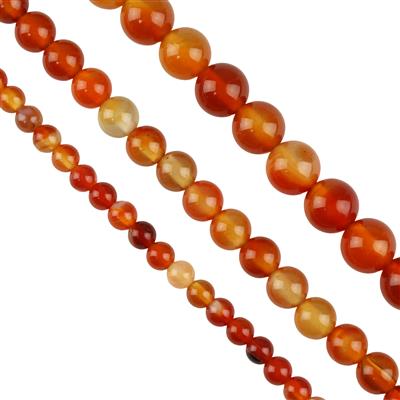 300cts Carnelian Plain Rounds Approx 4mm, 6mm, 8mm, 38cm Strand Set of 3 With Instructions By Ellie Gallagher