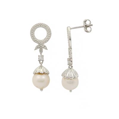 925 Sterling Silver Earring with White Topaz and White Freshwater Cultured Pearls, Approx 30x10mm, 1 pair