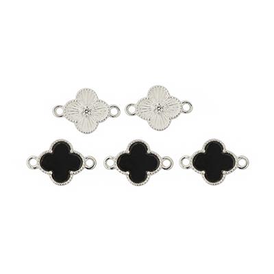 925 Sterling Silver Clover Shape Connector Black Onyx & White Zicron, Approx 15x10mm (Set of 5)