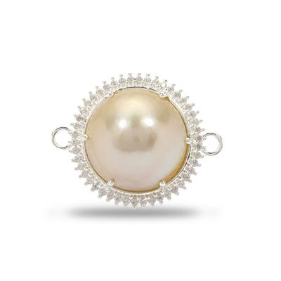 925 Sterling Silver Halo Connector with South Sea Golden Mabe Cultured Pearl & White Zircon, Approx 19mm