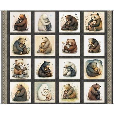 Dan Morris Creative Bear Hugs Collection Bear Picture Patches Charcoal Panel Fabric 0.9m
