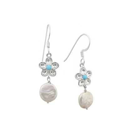 925 Sterling Silver Sleeping Beauty Turquoise & Freshwater Cultured Pearl Coins Earrings, Approx 40x12mm