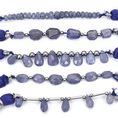 31cts Tanzanite Faceted Gemstone Multi-Shapes with Hematite Spacers, 5cm Strands  