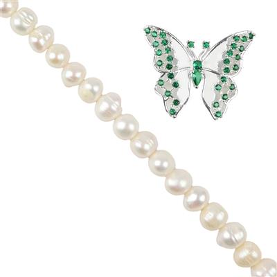 Pearl Quick Makes  - Silver Plated Base Metal Green Butterfly Connector, 1pc with White Freshwater Cultured Ringed Potato Pearls, Approx 8-9mm