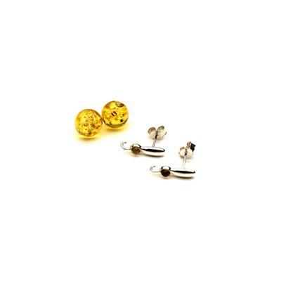 Sterling Silver Bar Earrings with Baltic Lemon Amber 10mm Rounds (1 Pair)
