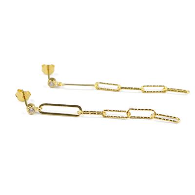 Gold 925 Sterling Silver Long Link Pair of Earrings with CZ Stud 