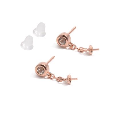 Rose Gold 925 Sterling Silver White Topaz Earrings with Pearl Peg Approx 4.5mm with 9mm Drop, 1 Pair