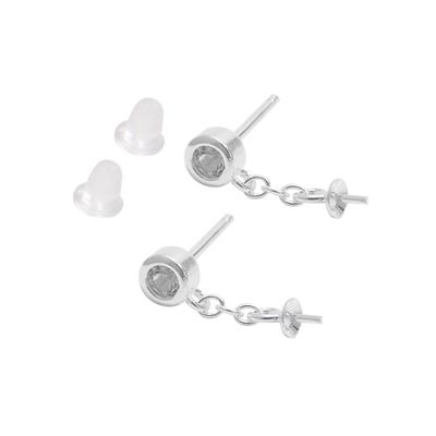 925 Sterling Silver White Topaz Earrings with Pearl Peg Approx 4.5mm with a 9mm Drop, 1 Pair