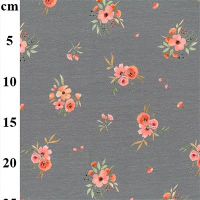 Digital Jersey Prints Grey with Coral Flowers Fabric 0.5m