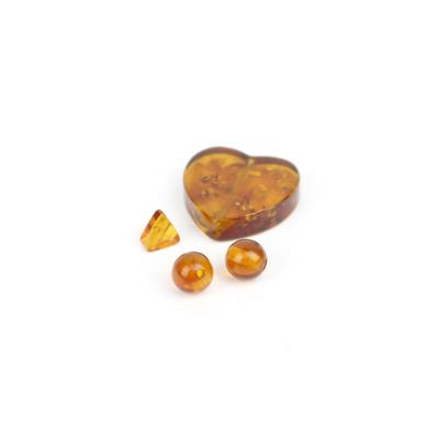 Baltic Cognac Amber 4pc Pack (2x 5mm Rounds, 1 x Rounded Triangle 5x4mm, Flat Heart Bead Approx 15mm)