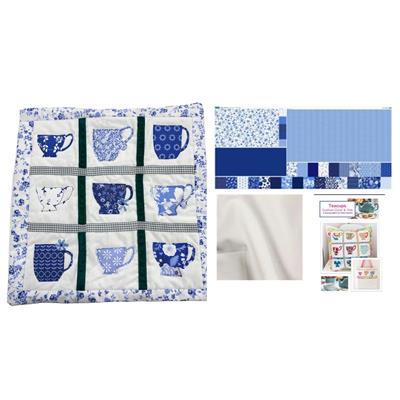 Helen Newtons Blue & White Teacups Cushion Kit: Pattern, Fabric Panel & Fabric (1m)
