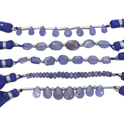 30cts Tanzanite Faceted Mix Shapes Set Approx 1x6 to 2x9mm 5cm Strands With Hematite And Plastic Spacers 