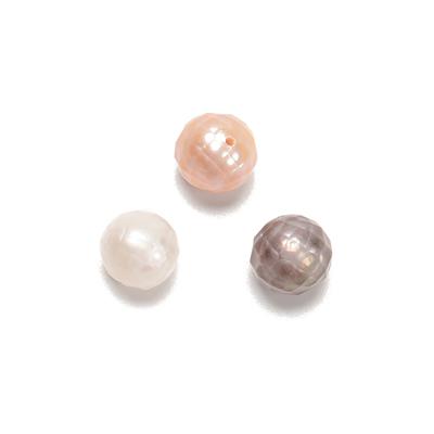 Mixed Natural Colour Freshwater Cultured Faceted Pearls Approx. 8mm, 3pcs (Fully Drilled, White, Peach, Purple)