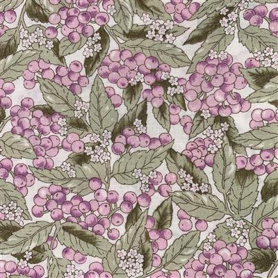 Country Floral Lilac Berries Leaves on White Fabric 0.5m Exclusive
