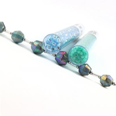 Mintalicious - AB Coated Bicone Amazonite 6-10mm, 18cm Strand With Spacers, 6/0 Silver Lined Aqua & 8/0 Silver Lined Alabaster