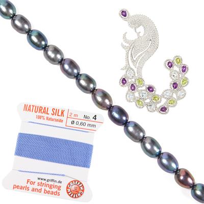 925 Sterling Silver Peacock Connector Set with Amethyst, Peridot & Sky Blue Topaz, Peacock Freshwater Rice Pearls, 6-7mm & Blue Silk Thread